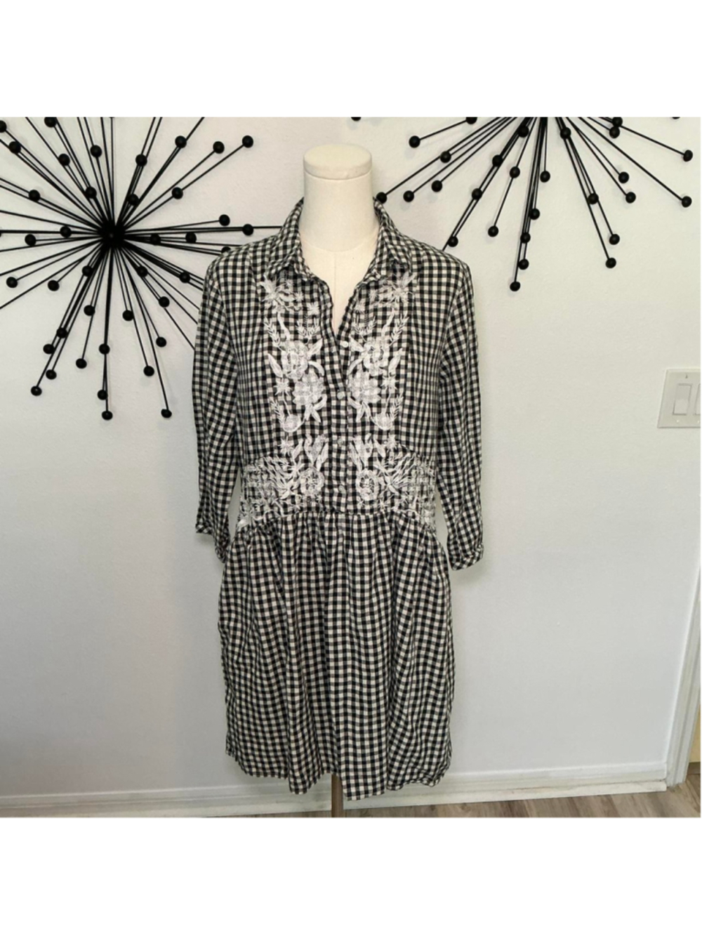 Philosophy Petite Gingham Embroidered Dress Boho Mini